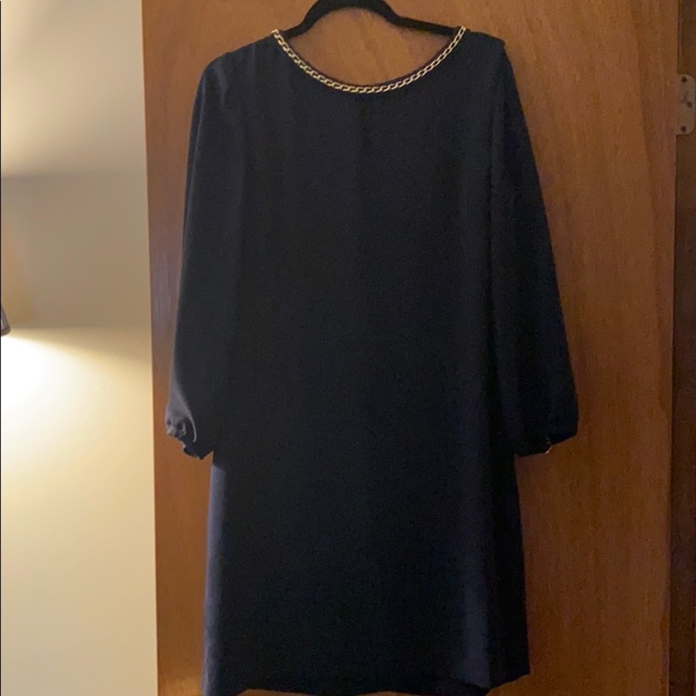 Navy and gold chain detail Tahari dress
